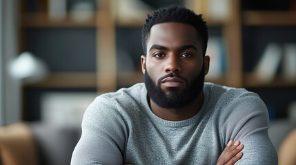Obraz premium Confident man in a cozy sweater with bookshelf backdrop