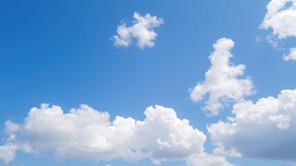 Clear blue sky background with fluffy white clouds, perfect for summer backgrounds and nature concepts, peaceful, sunny