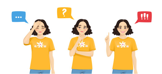 Young beautiful woman making decision - upset, thinking and making idea pointing up isolated on white background vector illustration