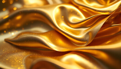 Obraz premium Luxurious golden satin fabric with flowing waves and sparkle for elegant design