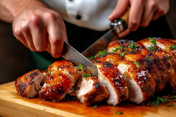 A chef chopping up a roasted chicken, with juices running and herbs sprinkled around, capturing the final touches of a meal