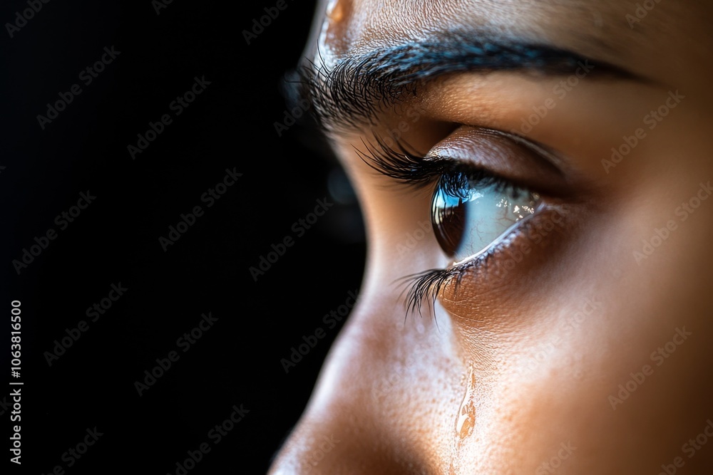 Poster a close-up of a personâ€™s face in shadows, a single tear running down their cheek as they make a di