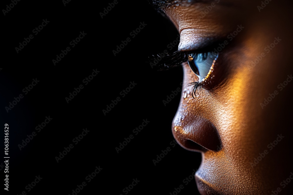 Poster a close-up of a personâ€™s face in shadows, a single tear running down their cheek as they make a di
