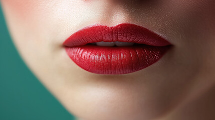 Obraz premium Close-up of woman's lips with vibrant red lipstick against a green background
