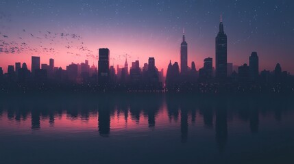 A cityscape silhouette reflected in a calm lake at dusk, with a pink sky and a few stars.