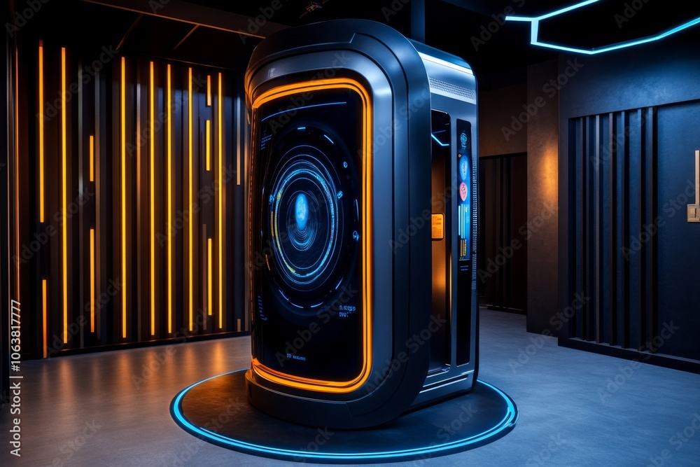 Poster a futuristic confession booth with holographic screens, showing real-time monitoring of emotions as 