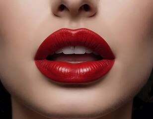 Fototapeta premium Close-up of a woman's lips adorned with bold red lipstick, showcasing a striking makeup look