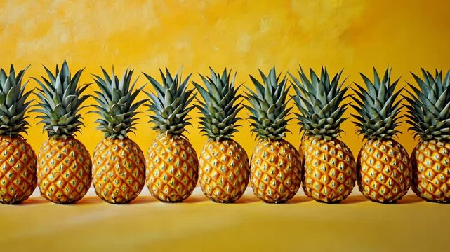 A row of nine ripe pineapples sits on a yellow surface