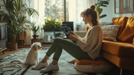 Obraz premium A woman in a cozy home environment participating in a video call, with a pet sitting nearby, showcasing the blend of work and personal life 