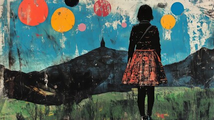 Silhouette of girl in colorful abstract landscape with floating circles