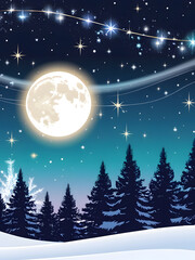 Naklejka premium A serene winter night illuminated by a glowing full moon over a snow-covered landscape and pine trees
