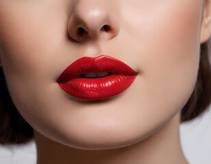 Obraz premium Close-up of a woman's lips adorned with bold red lipstick, showcasing a striking makeup look