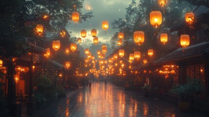 Fototapeta premium A street lined with traditional Chinese buildings and lanterns. The lanterns are lit, and the street is wet from rain.