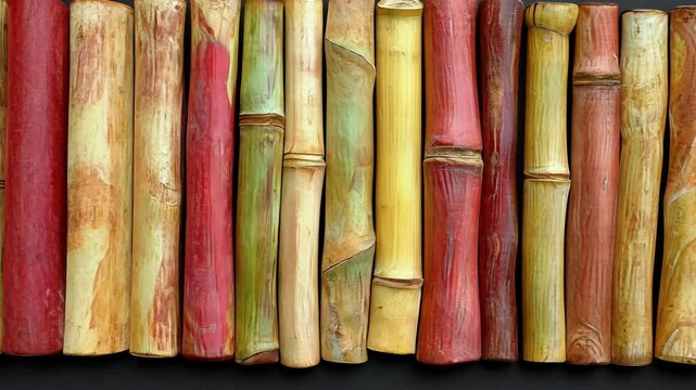 Colorful Bamboo Sticks Arranged Neatly Showcasing Natural Hues and Textures in a Creative Display