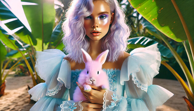 Ethereal portrait of beautiful woman with coloured hair and holding a easter bunny, woman from fantasy world 