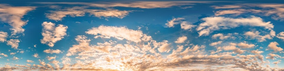 Sunset sky with bright glowing pink Cumulus clouds. Seamless spherical HDR 360 panorama. Full zenith or sky dome in 3D, sky replacement for aerial drone panoramas. Climate and weather change.