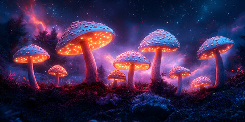 Naklejka premium A vibrant, otherworldly scene of glowing mushrooms illuminated against a mystical night sky filled with stars and enchanting hues.