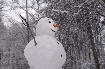 A snowman with a smiling face, with a carrot instead of a nose and branches as hands created by children in snowy winter forest or park