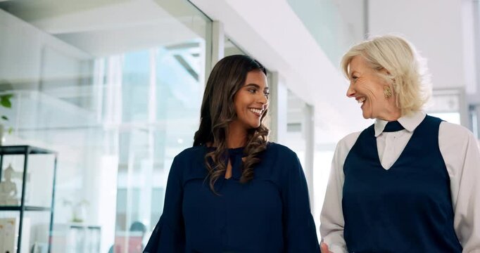 Business people, walking and happy in office for feedback, collaboration and proposal with career advice. Project management, staff and review for teamwork, talking or planning with development pitch