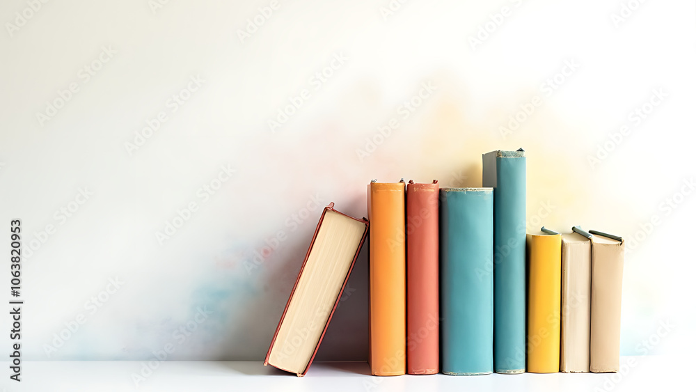 Aufkleber Books of various hues sit upon a plain white surface their covers adding splashes of color to the overall composition