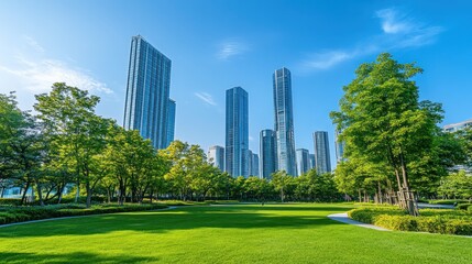 Obraz premium A serene urban park surrounded by tall skyscrapers under a clear blue sky.