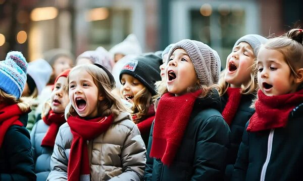 Children's Christmas Carol: A heartwarming footage of a group of young children singing carols in the winter, their faces beaming with joy and innocence.