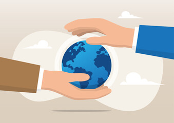 Businessman hand holding planet earth with care and other hand cover for protection