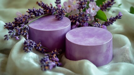 Two Lilac Round Paper Containers with Flowers