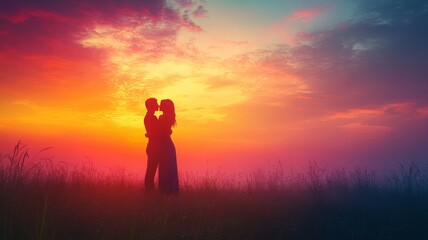 Fototapeta premium A couple sharing a tender hug under a starlit sky, standing close together with content smiles