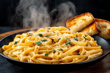 Close-up of creamy pasta covered in rich Alfredo sauce, with steam rising and garlic bread on the side, creating a comforting, crave-worthy meal