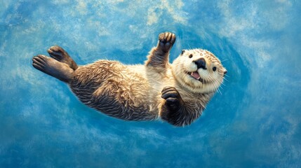 Adorable Sea Otter: A sea otter floating on its back with a charming smile, set against a clean, blue 