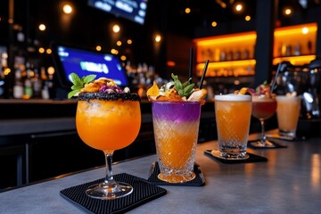 Cyberpunk-style bar with neon-lit drinks and futuristic food, creating a high-energy craving with intense colors and bold visuals