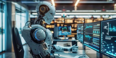 Fototapeta premium Futuristic Robot Working on a Computer in a High-Tech Office Environment, AI-Generated Artwork