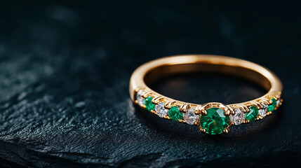 Emerald and Diamond Ring on Dark Stone 