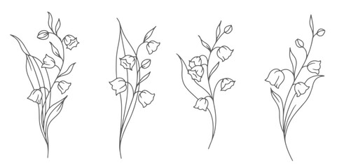 Lily of the Valley Line Art. Trendy floral branches and flowers. Botanical Line Art Spring Collection. Hand drawn line art lily of the valley flowers. Luxury Line Floral Art. © Xenia