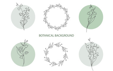 Lily of the Valley Line Art. Botanical Background trendy minimalist flowers. Hand drawn floral background template. Floral Line Art Illustration.