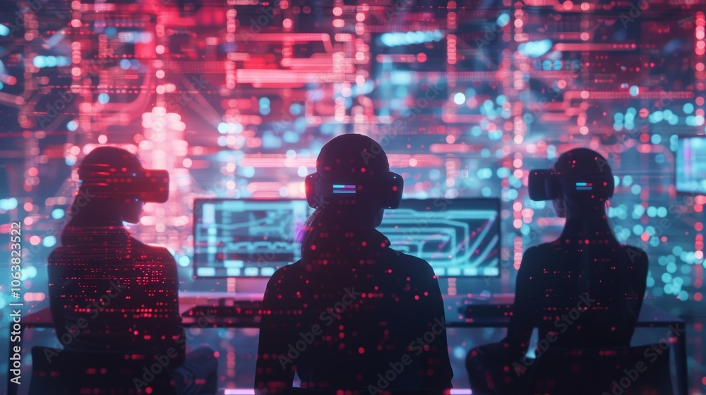 Poster three programmers are wearing vr headsets and working on computers in a futuristic office with digit