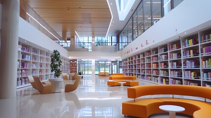 Bright and Inviting Library Interior with Bookshelves and Comfortable Lounge Seating