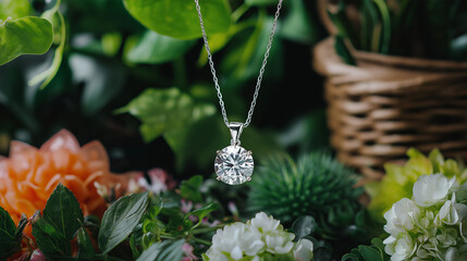 Radiant Diamond Pendant Necklace: A sparkling solitaire diamond pendant necklace elegantly displayed amongst lush green foliage and vibrant blossoms.