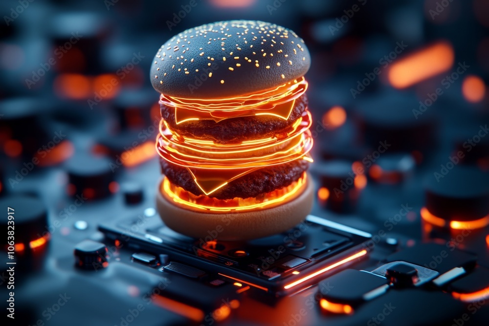 Poster futuristic, holographic burger display with glowing layers, evoking a high-tech craving with digital