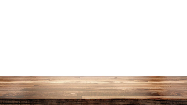 Wood table with perspective view. Wooden desk isolated on transparent background with top front view. Realistic kitchen board vector illustration. Rustic countertop of timber surface, floor, deck