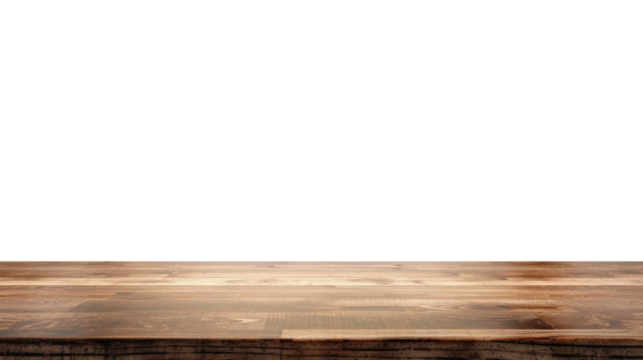 Wood table with perspective view. Wooden desk isolated on transparent background with top front view. Realistic kitchen board vector illustration. Rustic countertop of timber surface, floor, deck