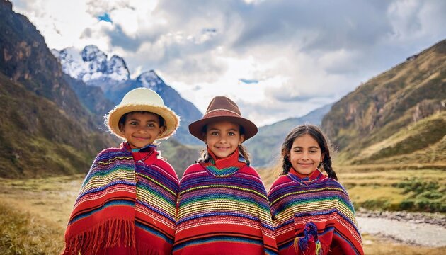 Happy peruvian children smiling in the andes mountains wearing traditional clothes