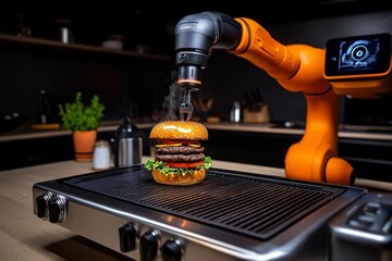 High-tech robotic arm flipping a burger on a digital grill, with holographic controls and futuristic kitchen setup