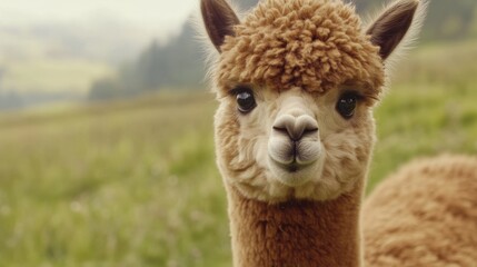 Fototapeta premium Charming Alpaca: An alpaca with big, soft eyes and a fluffy coat, peacefully grazing in a serene field. 