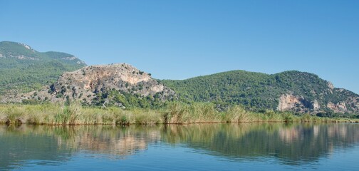 Mountain with ancient Lycian Tombs along Dalyan River in Turkey