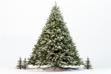 Obraz premium Festively decorated artificial Christmas tree covered in snow with smaller trees on a white background during winter season