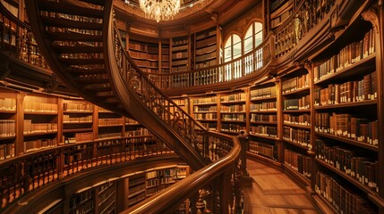 Fototapeta premium Elegant Spiral Staircase in Luxurious Vintage Library with Ornate Wooden Bookshelves