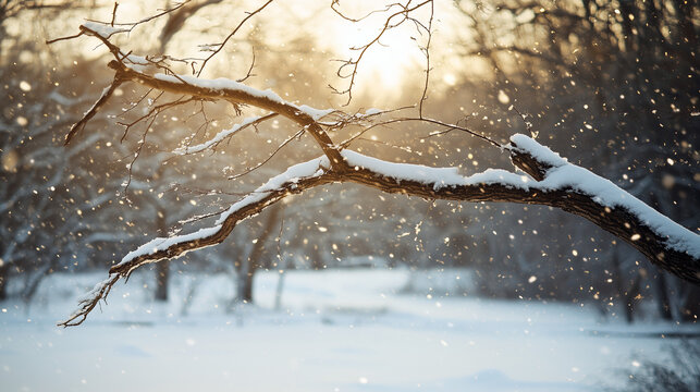 A snow-laden tree branch bending under the weight of heavy snowfall during a serene winter afternoon