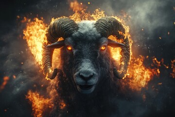 Ram with large horns against dark background